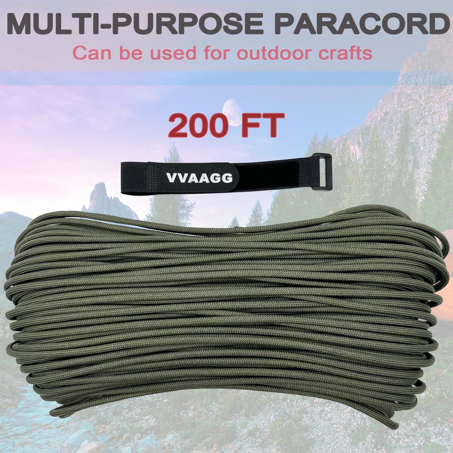 VVAAGG 550 Paracord 200FT - 4mm Lightweight and Durable Camping Rope, Tent Rope, Clothsline Rope, Marine Weatherproof Rope, Nylon Parachute Cord Rope (Green)