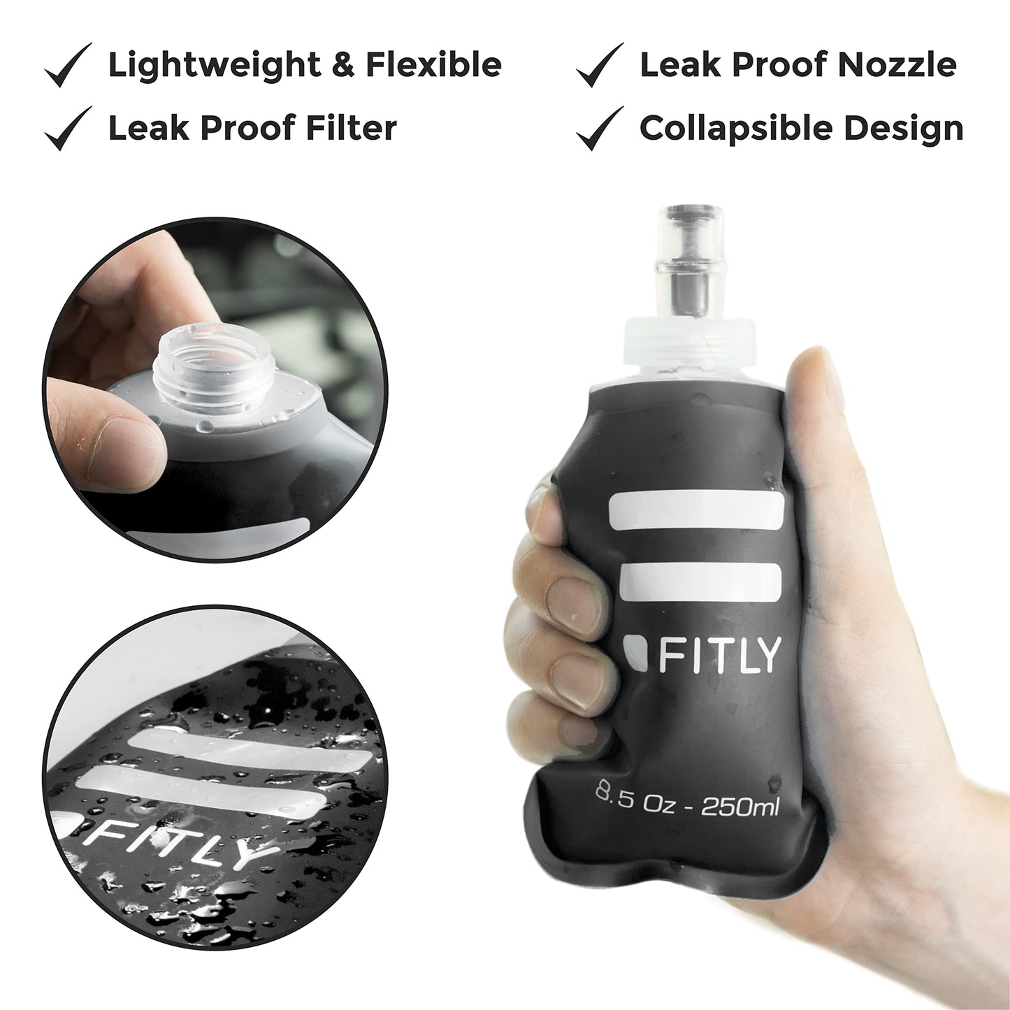 FITLY Soft Flask - 8.5 oz (250 ml) - Shrink As You Drink Pocket Soft Water Bottle for Hydration Pack/Running Vest- Folding Water Bottle for Running, Hiking, Cycling - Ski Water Bottles (FLASK250)