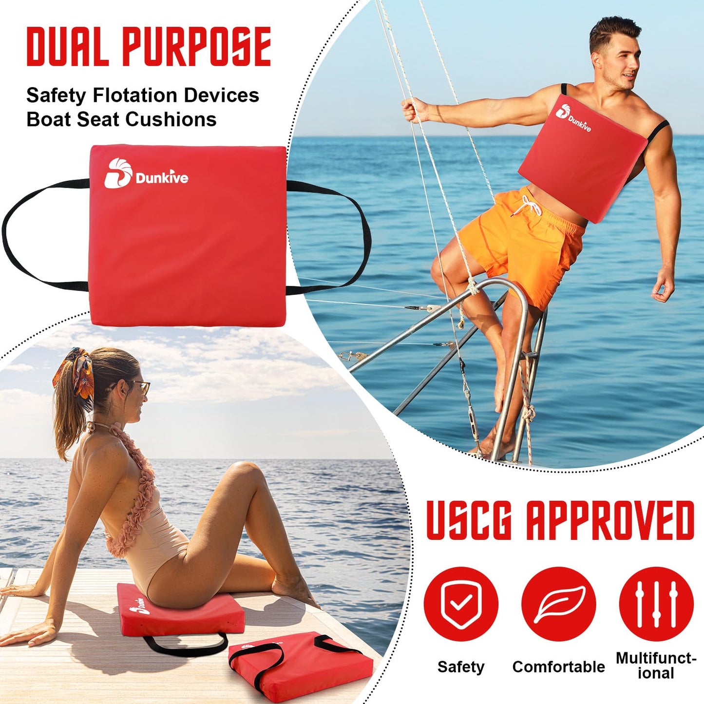 Dunkive 2 Pack Boat Throw Flotation Cushion, USCG Approved, Emergency Marine Throwable Flotation Device, Foam Boat Cushions Life Preserver, Throw Cushions for Boats, Kayaks, Canoes(Red)