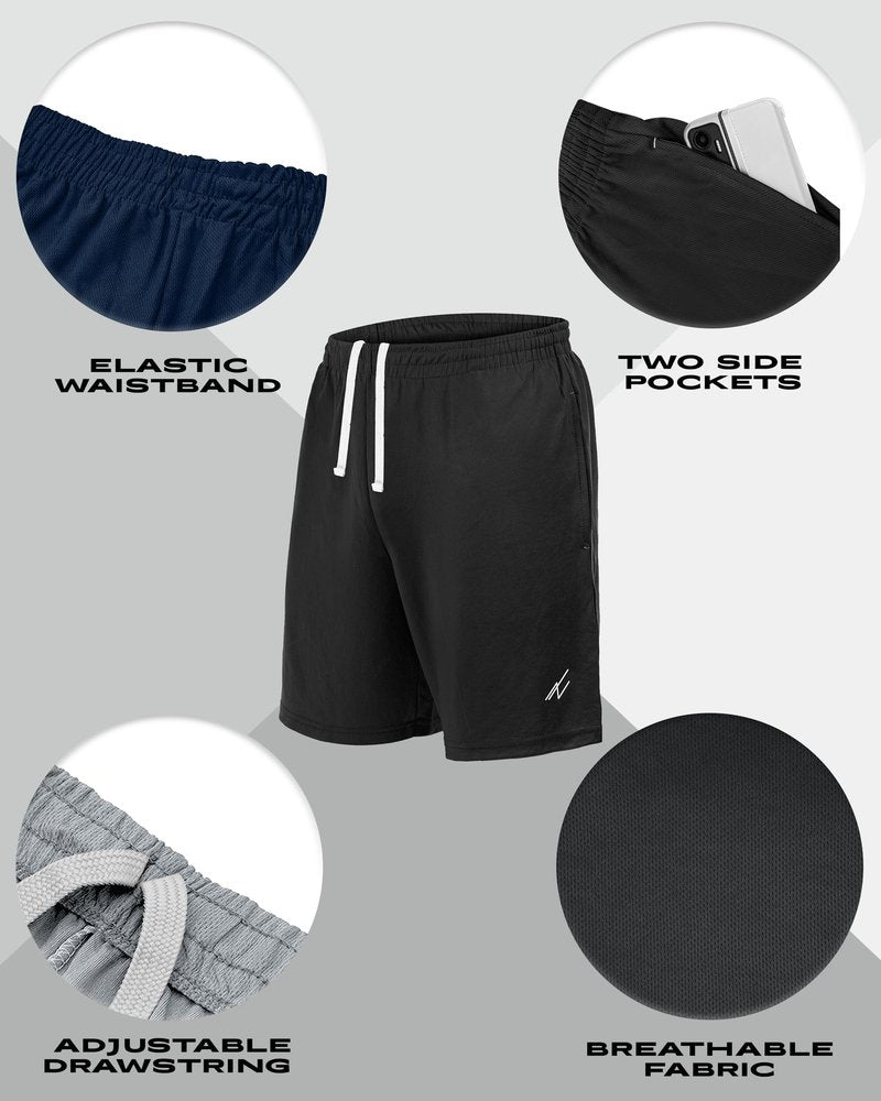 NY Threads 5 Pack Men's Athletic Shorts Quick Dry Loose-Fit Lightweight Running Workout Gym Shorts with Pockets, XX-Large, Black/Black/Navy/Dark Grey/Medium Grey