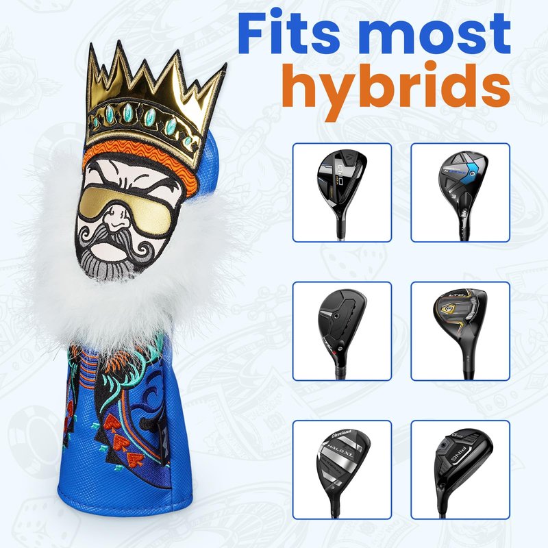 Craftsman Golf Synthetic Leather King with Crown and Beard Blue Golf Club Hybrid Rescue Headcover Cover with Interchangeable Tag