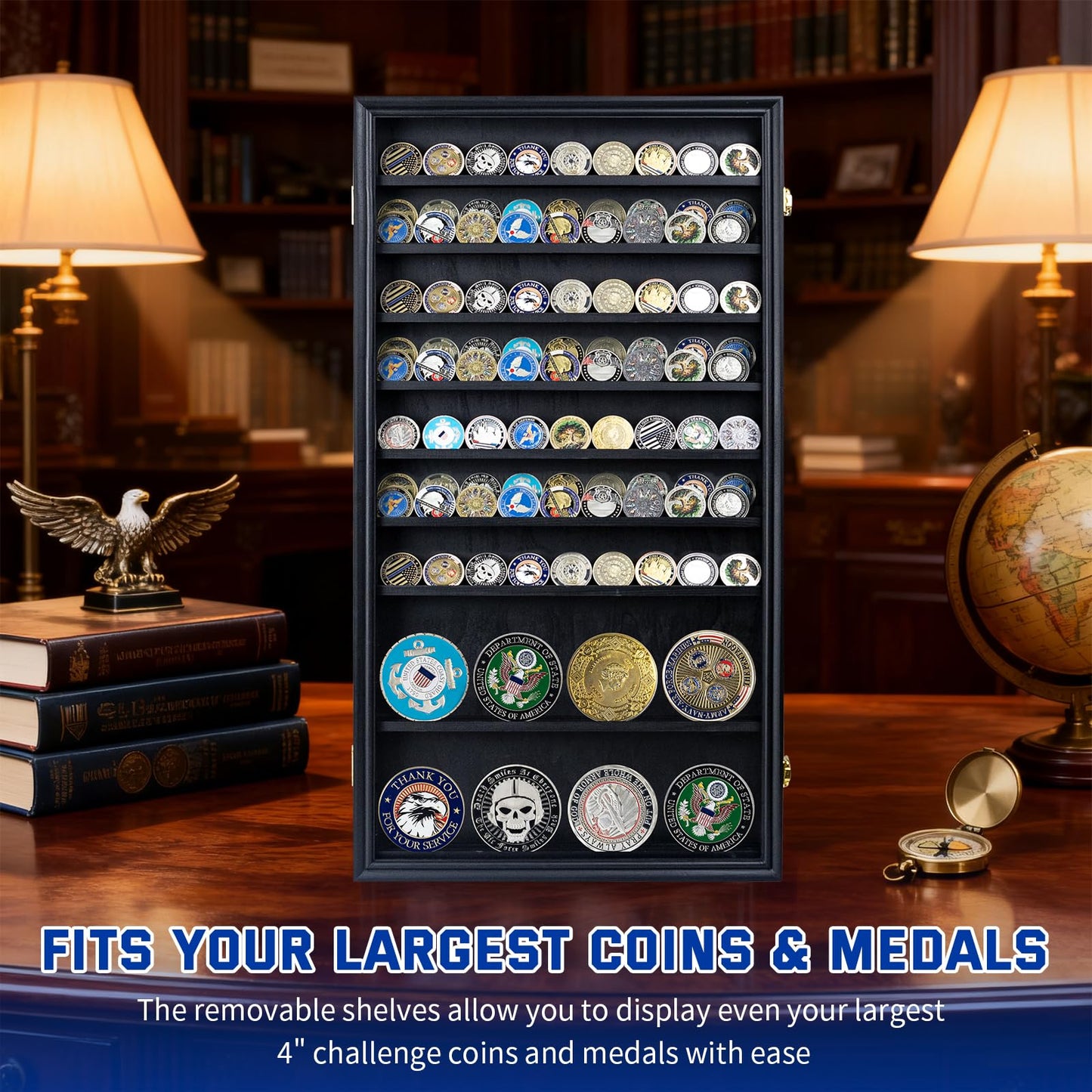 Large 11-Tier Wooden Challenge Coin Display Case, 29.1" Military Coin Holder Wall Cabinet with Removable Shelves & Lock for Collection Display, Dustproof & UV Protection, Black