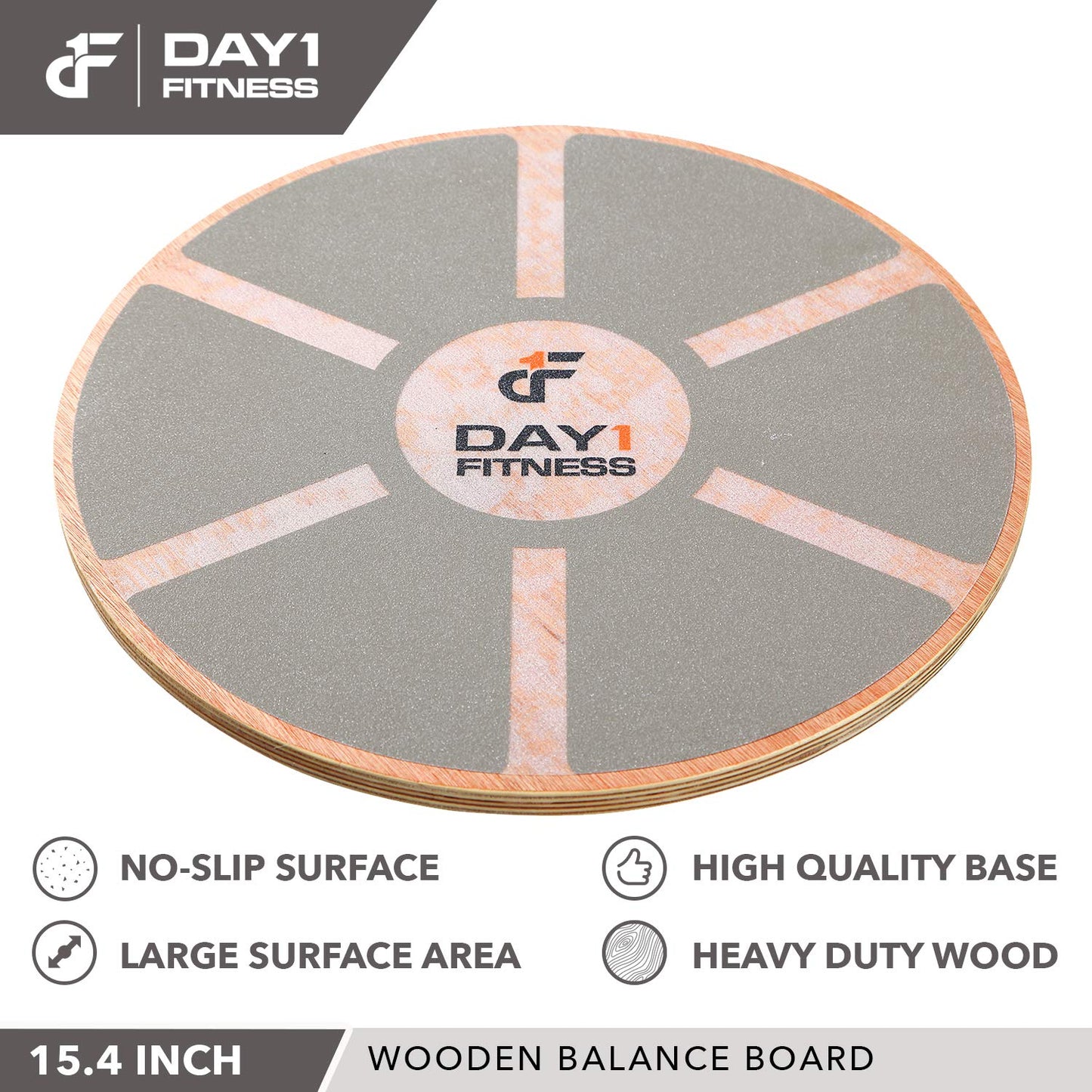 Day 1 Fitness Balance Board, 15.4” – GRAY - 360° Rotation, for Balance, Coordination, Posture - Large, Wooden Wobble Boards with 15° Tilting Angle for Workouts - Premium Core Trainer Equipment