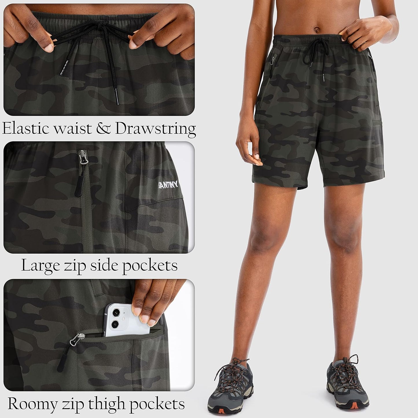 SANTINY Women's Quick Dry Hiking Cargo Shorts | Lightweight Athletic Shorts with Zipper Pockets - 5"/7"/9" Sizes