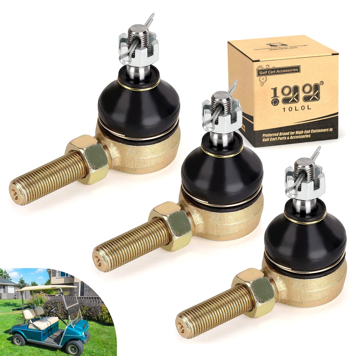 10L0L Ball Joint Kit for Club Car DS Golf Cart 1976-2008, Set of 3 Tie Rod End, Replace OEM 7539 7540, Non-Greasable Self-Lubricating