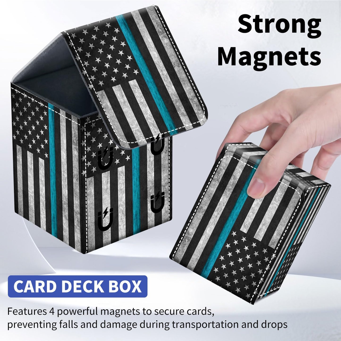 Qindaiwen Card Deck Box for Trading Cards, MTG Deck Box Fits 100+ Single Sleeved Cards, PU Leather Strong Magnet Card Deck Case Holder for Magic Commander TCG CCG, American Flag 02