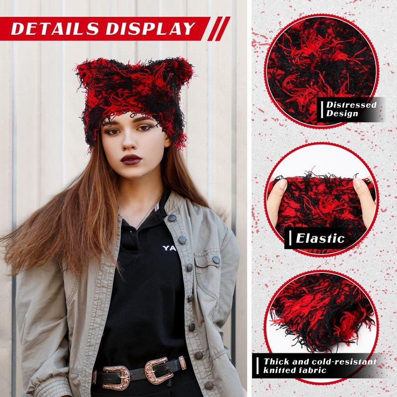 Chuarry 2 Pcs Distressed Knitted Cat Beanie Fuzzy Crochet Hat Y2k Hat Cat Ear Beanie Thick Winter Hats for Men Women Outdoor Red, Black