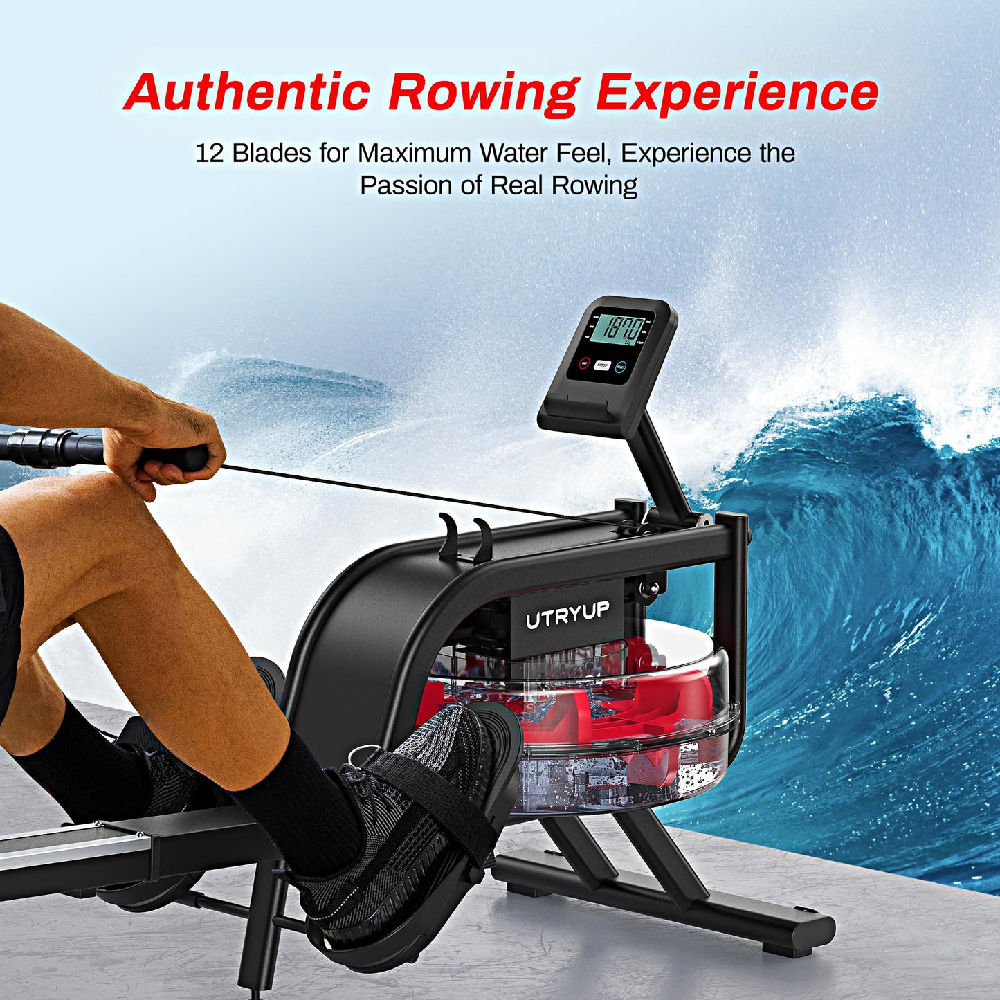 UTRYUP Water Rowing Machines for Home, Water Rower Machine with Bluetooth, App Supported, 15L Large Capacity and 12 Blades Enhance Resistance, Easy Assembly Equipped with Electric Water Pump