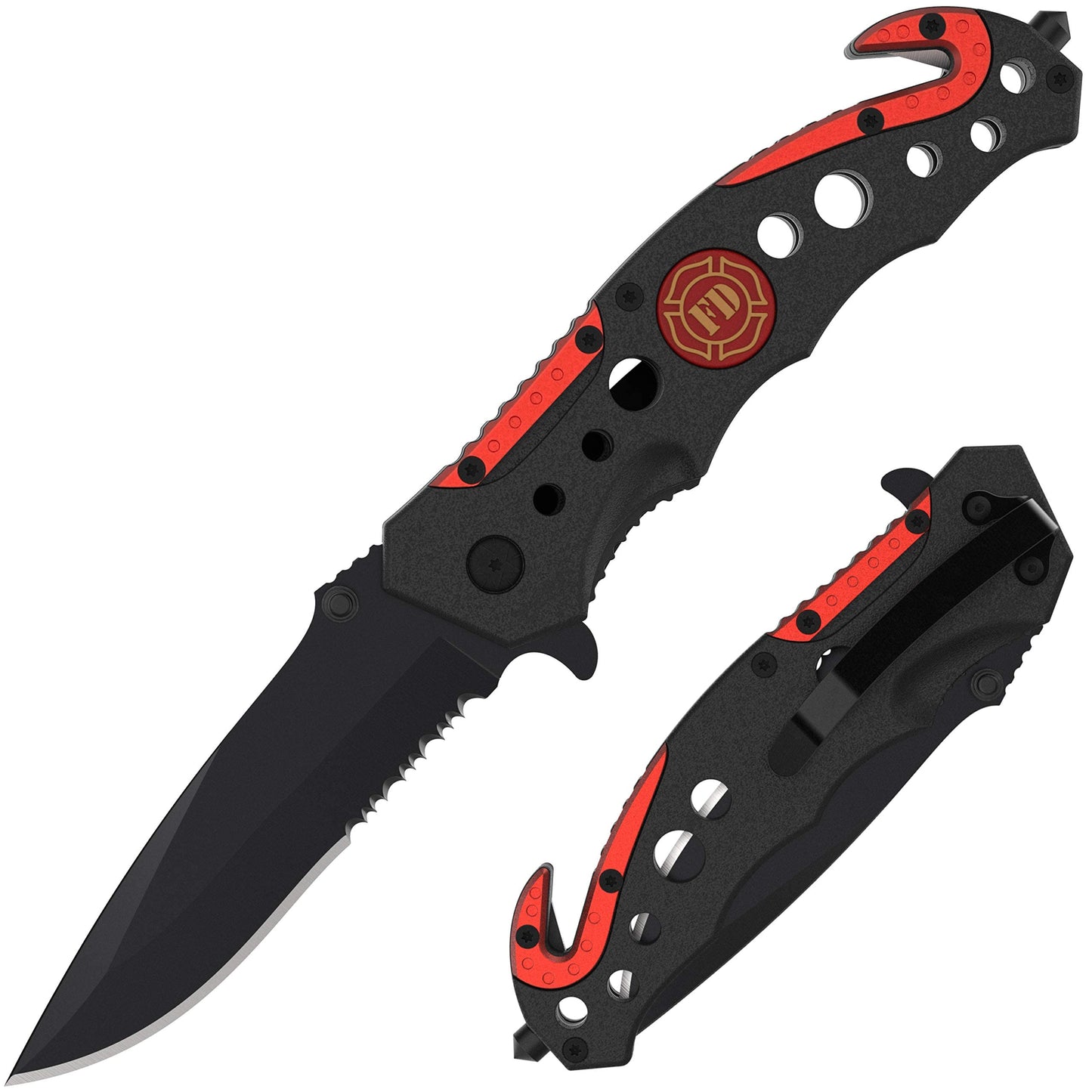 Swiss Safe 3-in-1 Tactical Knife for Military and First Responders - Fire Department Red