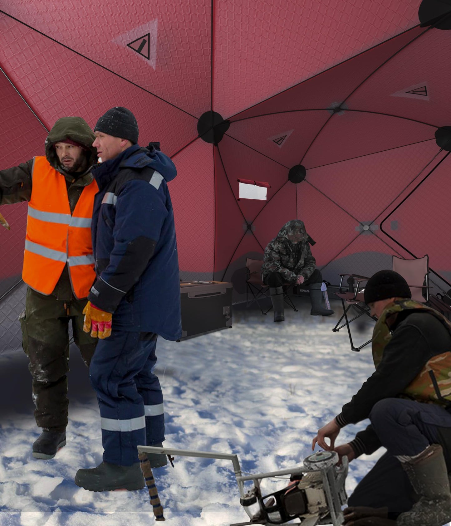 Garvee Pop Up Ice Fishing Tent Insulated Ice Fishing Shelter 140"x70.8"x79" Portable Hub-Style Shelter Shanty Windproof and Warm for 6 to 8 Persons, Includes Anchors, Ropes & Carry Bag, Red