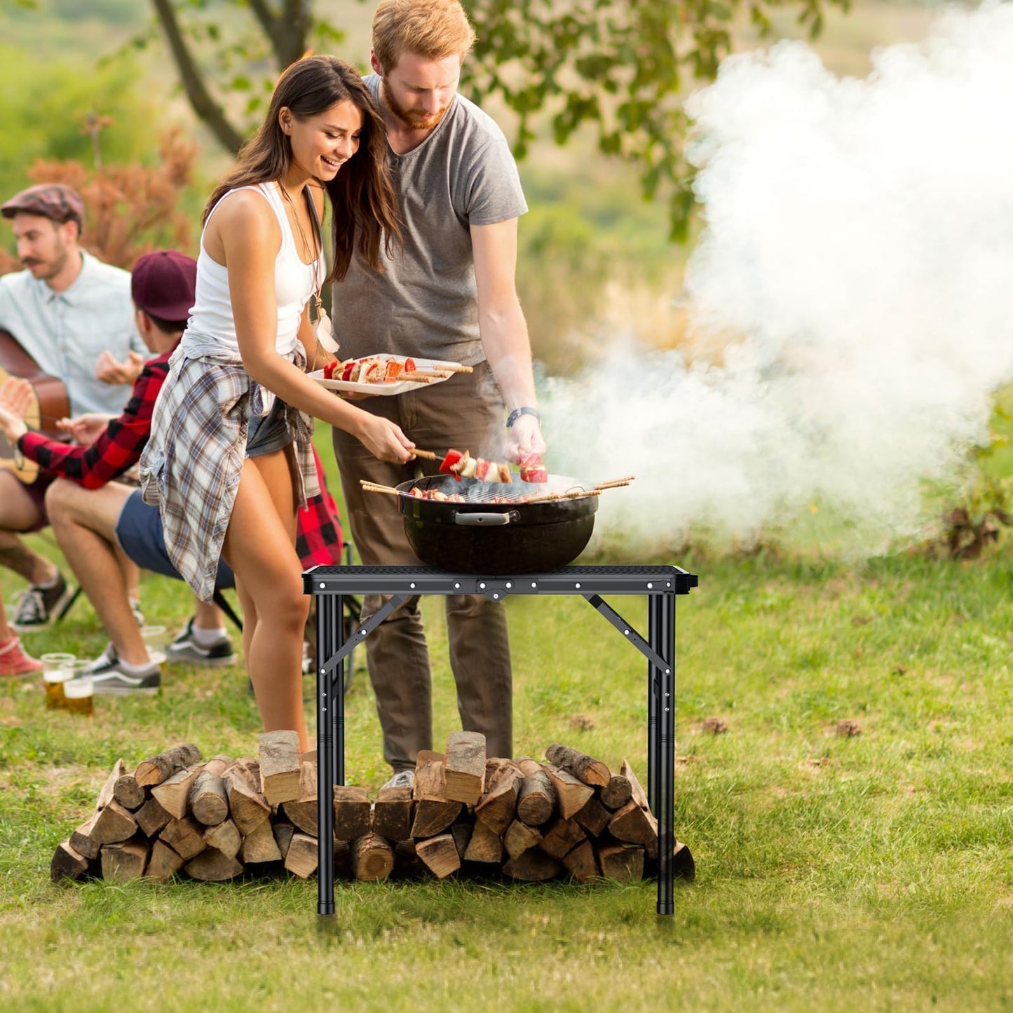 Anbte 2ft Folding Grill Table Max 29.5", 3 Adjustable Height Lightweight Camping Table with Heat-Resistant Mesh Tabletop Portable Handle, Waterproof, for Cooking BBQ Outdoor, 22.8" X 16", Black