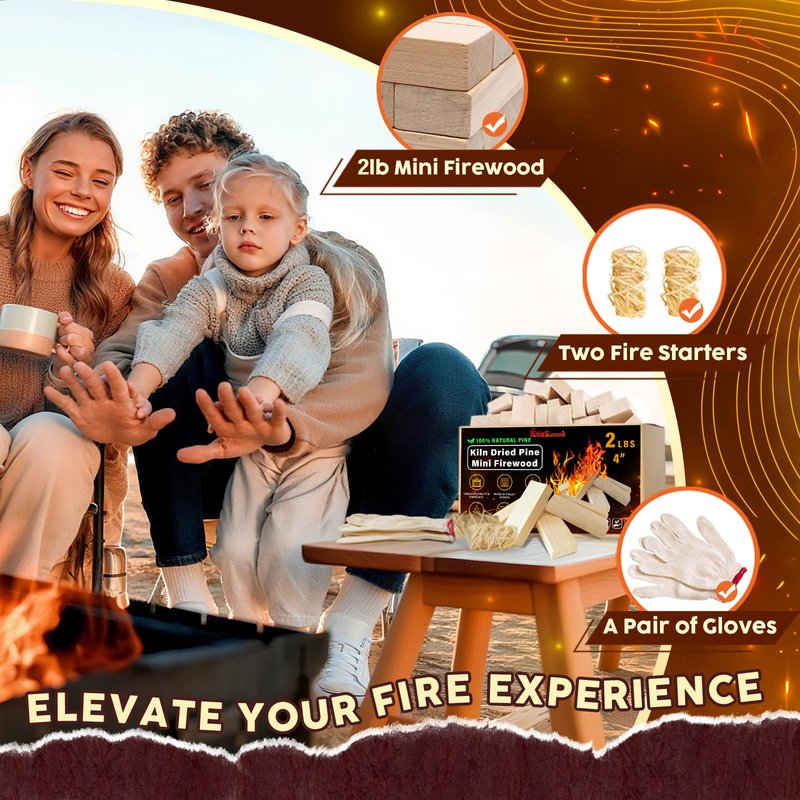 KoleSummit Mini Firewood 4" Kiln Dried Fire Pit Wood for Solo Stove Accessories, Camp Stoves, Tabletop Pits, BBQ Grills & Pizza Ovens 2 lb Box with Fire Starters & Handling Gloves
