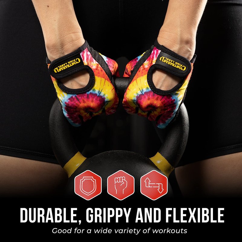 Contraband Pink Label 5347 Womens Designer Workout Gloves | Tie Dye Print w/Grip-Lock™ Silicone Palm (Medium, Rainbow)