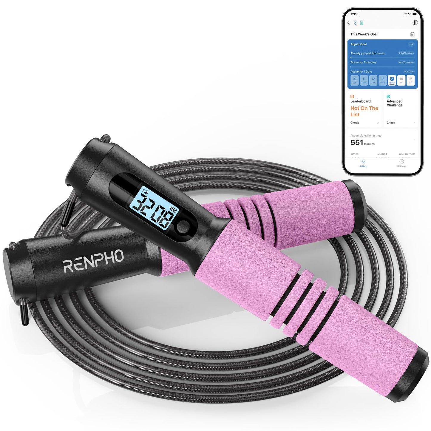 Jump Rope, RENPHO Smart Jump Rope with Counter, Fitness Skipping Rope with APP Data Analysis, Workout Jump Ropes for Home Gym, Crossfit, Jumping Rope for Exercise for Men, Women, Kids, Girls - Pink