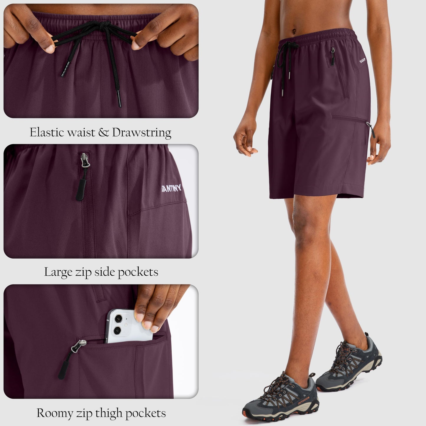 SANTINY Women's 5''/ 7''/9'' Hiking Cargo Shorts Quick Dry Lightweight Summer Shorts for Women Athletic Zipper Pockets(Dusty Purple_3XL)