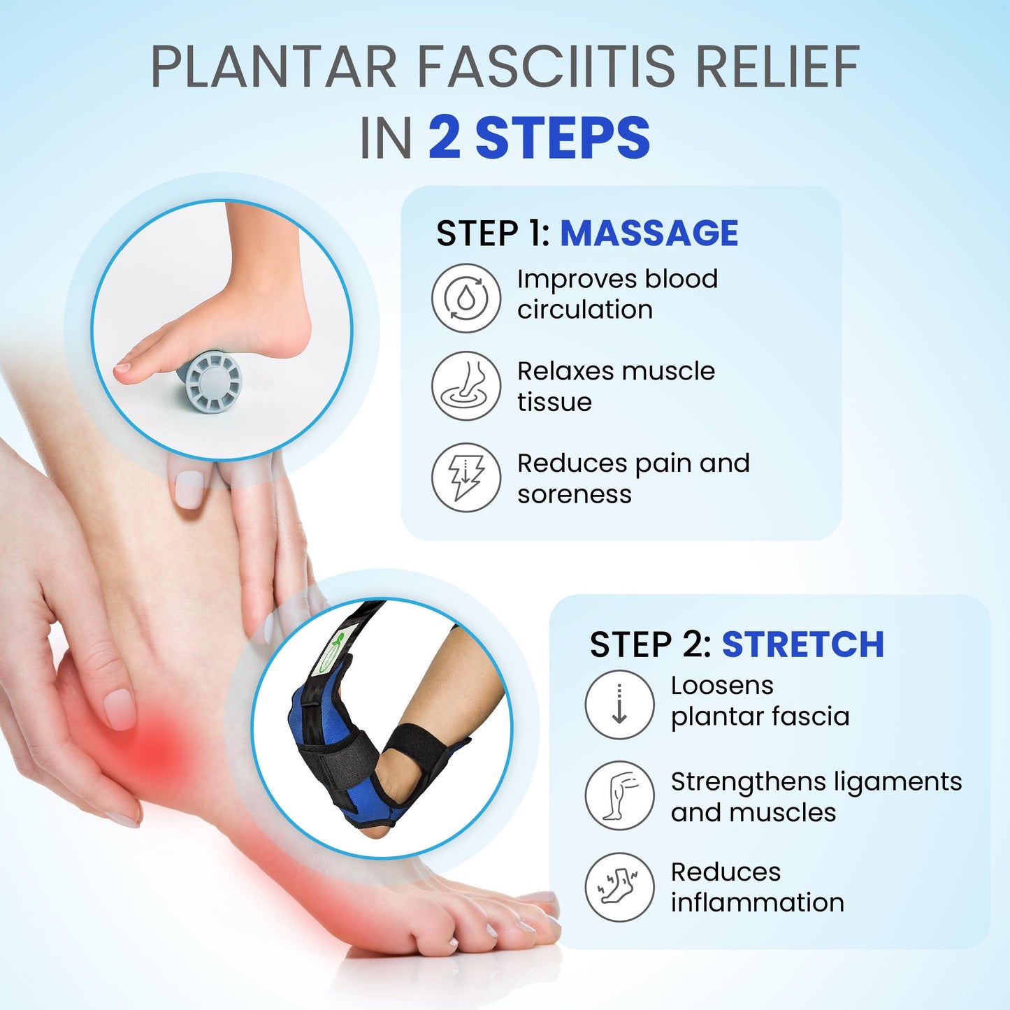 Foot & Calf Stretcher for Plantar Fasciitis, Includes Foot Massage Roller, Achilles Tendinitis, Foot Drop, Yoga Foot & Leg Stretching Strap