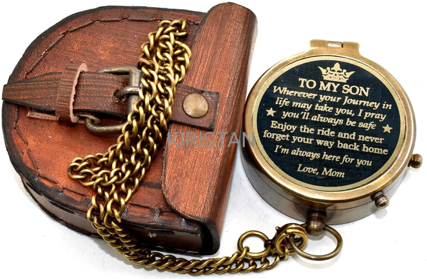 Antique Brass 2 Inch Compass | to My Son I'm Always here for You | Engraved Pocket Chain Compass with Leather Case for Love Mom to Son Antique Compass, Birthday Gift, Graduation Gift