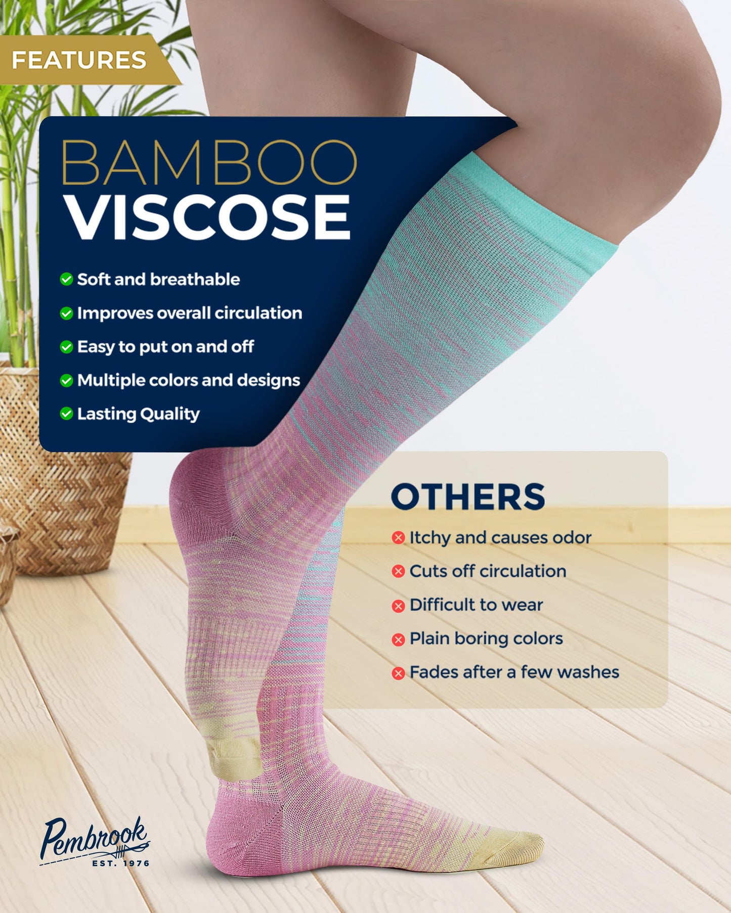 Pembrook Bamboo Viscose Light Compression Socks - 3 Pairs | 8-15 mmHg Compression Socks Women and Men | Support Socks for Soreness, Varicose Veins, Edema | Line Patterns