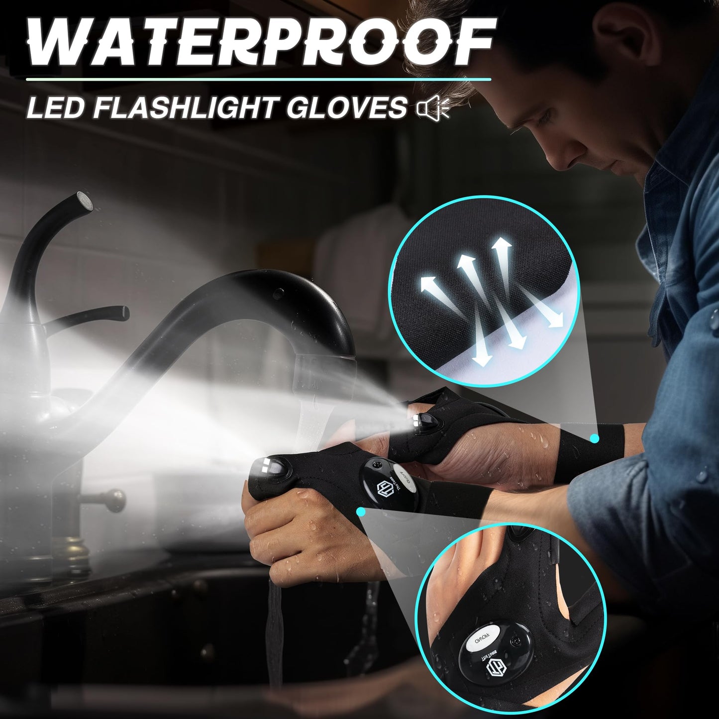 ThxToms Updated LED Flashlight Gloves Gifts for Men, Father's Day Gifts for Dad, Hands-Free Lighted Gloves with 2 LED Lights, Christmas Gifts for Dad, Cool Gadget for Repairing Fishing Camping