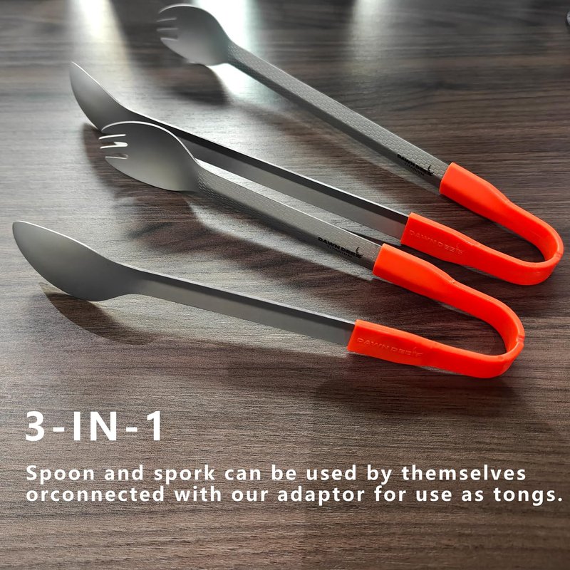 Dawn Deer 3 in1 Titanium Ultralight Cutlery Set, Long Handle Spoon and Spork, Camping tong, Travel Utensils with Bag (22CM)