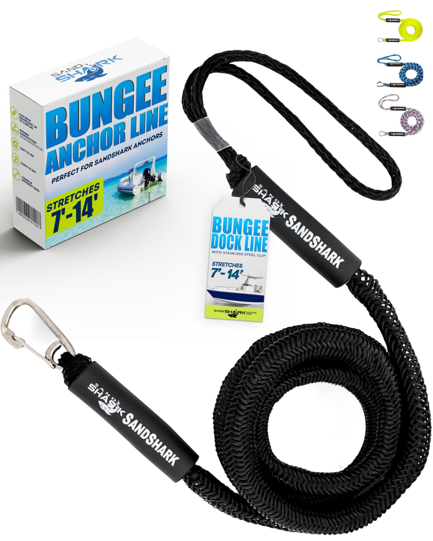 SandShark Premium Anchor Bungee Dock Line. Boat Accessories Anchor Line Absorbs Shock to Anchors and Docks w/Stainless Steel Clip - Black - 7-14ft
