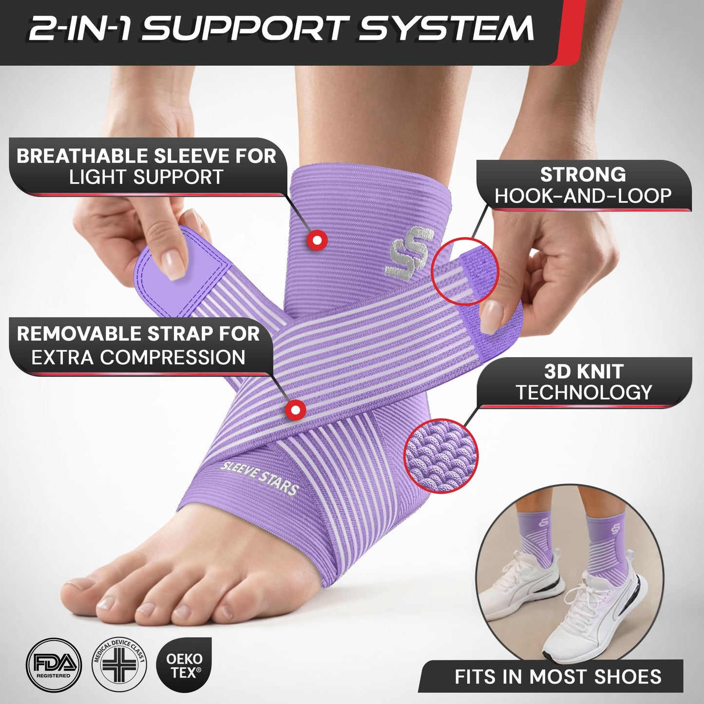 Sleeve Stars Ankle Brace for Women & Men, Ankle Wrap for Sprained Ankle, Compression Sleeve for Plantar Fasciitis Relief, Easy Customizable Support: w/Removable Strap (Pair/M:10"-12"/Light Purple)