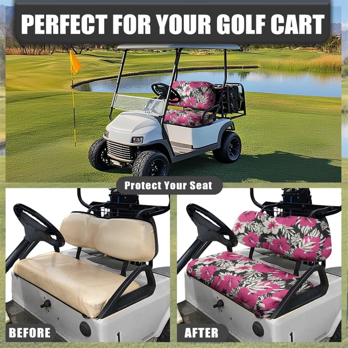FUIALDOLG Golf Cart Seat Cushions Cover Pink Hibiscus Flower Anti-Scratch Golf Cart Seat Cover + Backrest Cover Cool in Summer and Warm in Winter for EZGO TXT RXV & Club Car