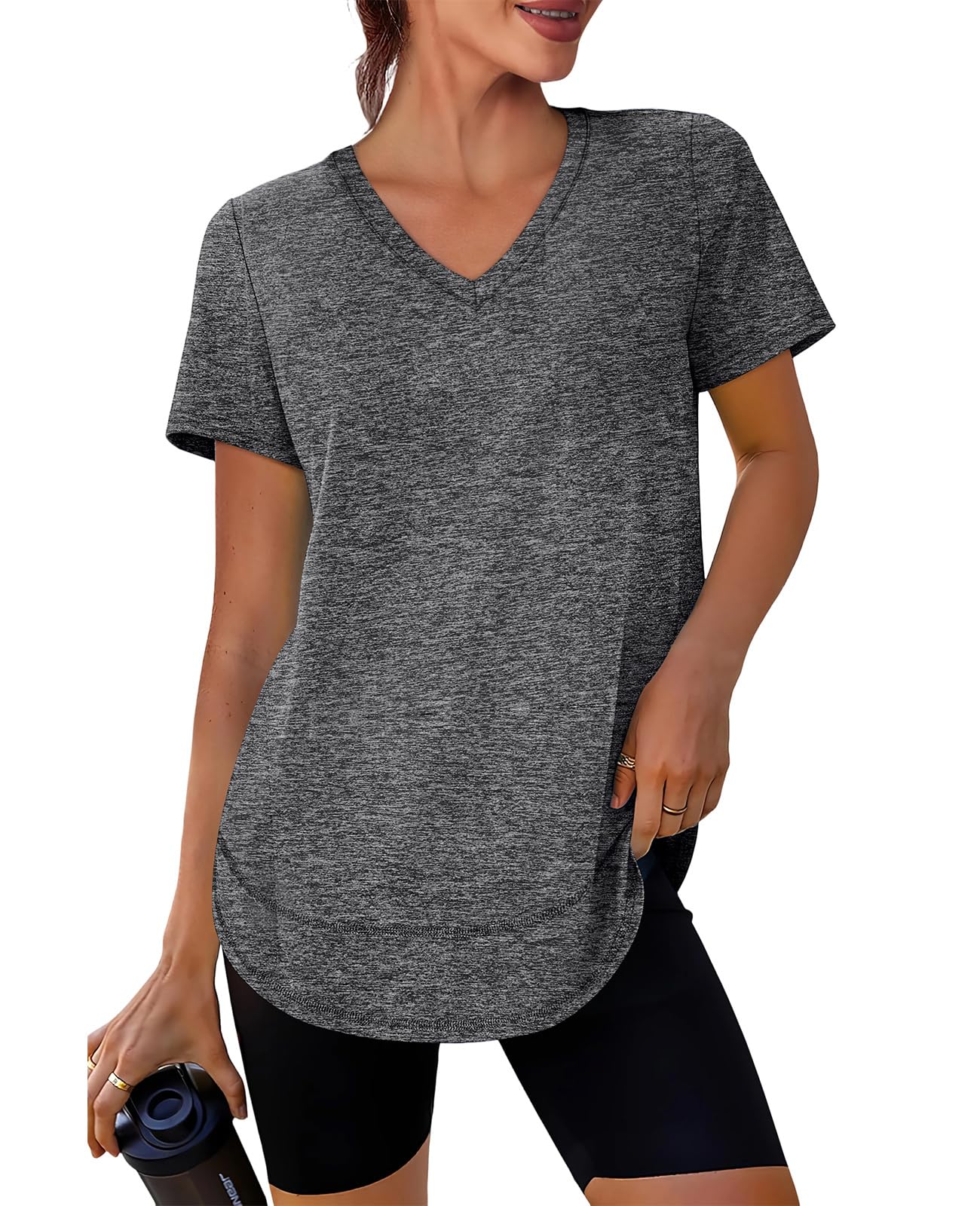 Summer Tops for Women 2026 Short Sleeve Workout Clothes Athletic Shirts Pilates Outfits Camisetas Deportivas para Mujer V Neck Dark Grey L