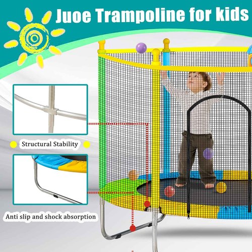 Juoe 5 FT Toddler Trampoline for Kids with Basketball Hoop & Ball, Indoor/Outdoor Rebounder with Enclosure Net, ASTM Approved, Supports Up to 440 lbs，Ideal Gift for Boys & Girls