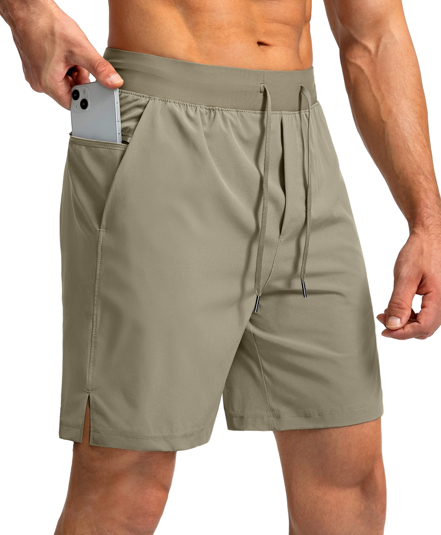 Soothfeel Men's Running Shorts with Zipper Pockets 7 Inch Lightweight Quick Dry Gym Athletic Workout Shorts for Men (Dusty Khaki, 3XL)