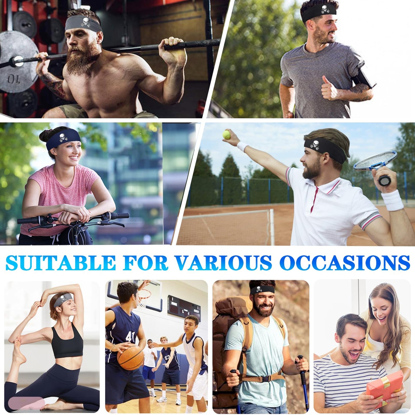 Mens Headbands Sweat Bands 3 Pcs Sweatbands for Men Women Sport Workout Cooling Headbands for Men Running Head Band Hair Band Skull Non Slip Men's Headband for Sweat Yoga Gym Tennis Skateboard Gifts