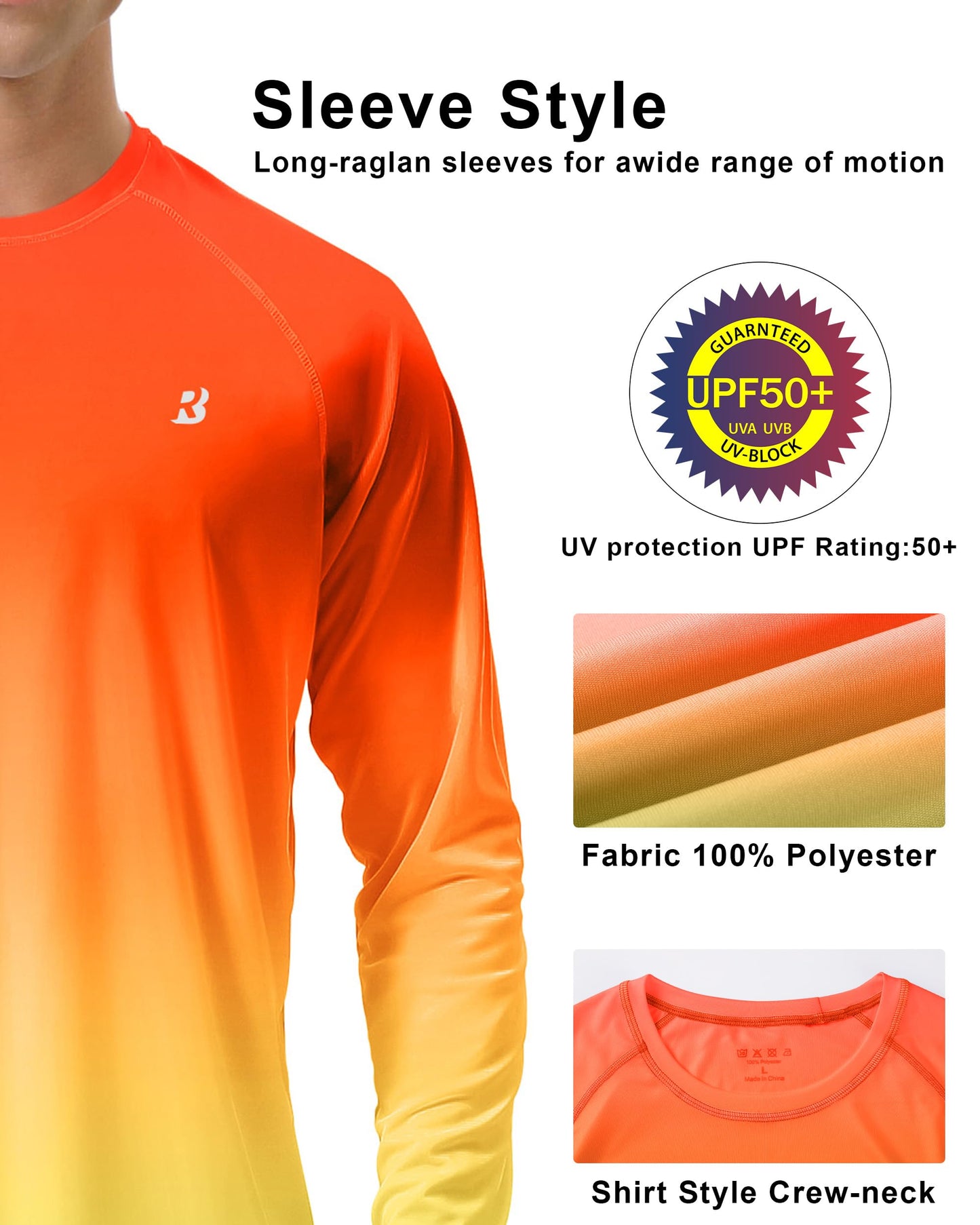 Roadbox Mens UPF 50+ Long Sleeve SPF Diving Rash Guard UV Sun Protection Shirts for Outdoor Fishing Hiking Swimming Running
