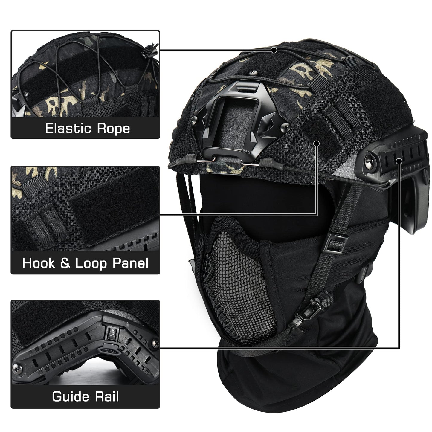 Guayma Airsoft Tactical Fast Helmet with Mesh Mask Headgear, PJ Type Paintbal Helmet with NVG Mount for CS Game,BK,Large