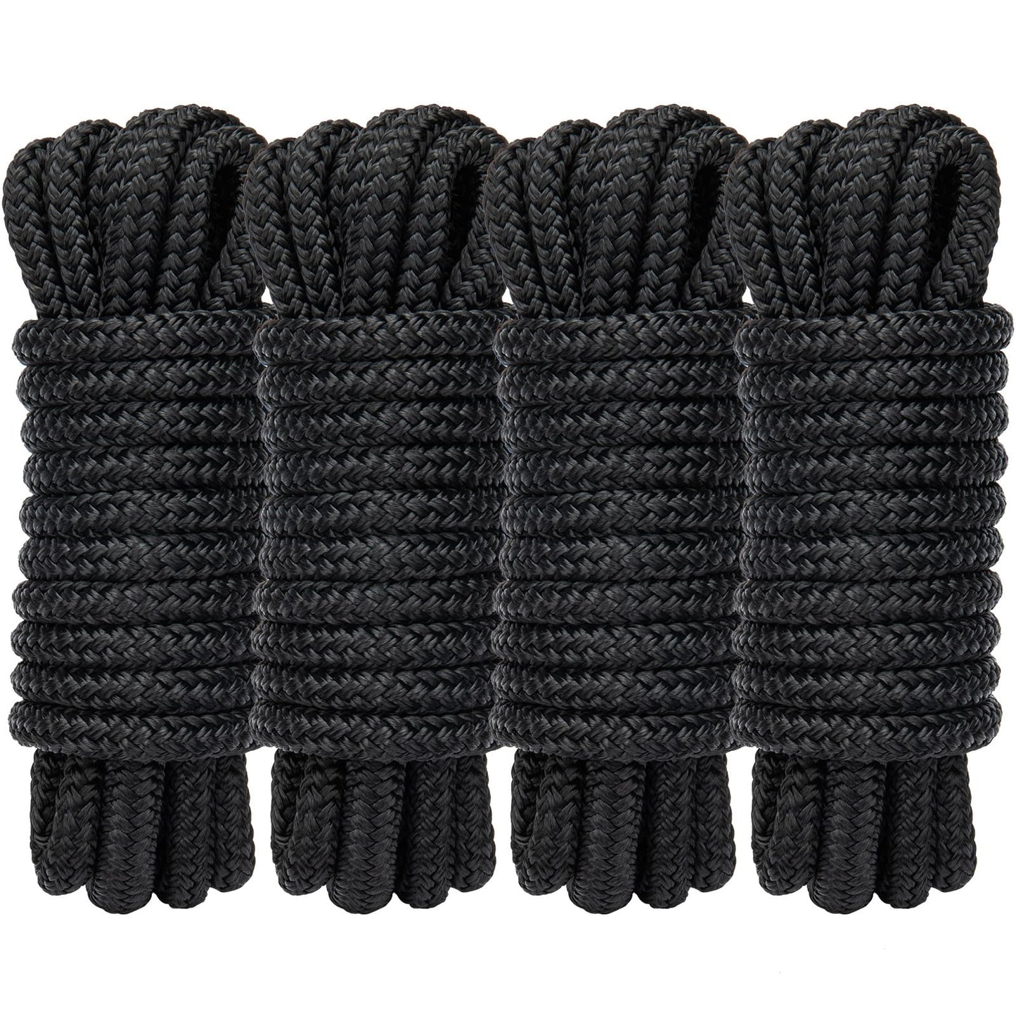PropelTech 4 Pack 3/8" x 15’ Boat Dock Lines for Boat & Pontoon, Premium Marine- Grade Double Braided Nylon Dock Line, Pre-Spliced with a 12" Eyelet-Black,Boating Gifts for Men