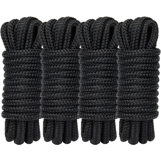 PropelTech 4 Pack 3/8" x 15’ Boat Dock Lines for Boat & Pontoon, Premium Marine- Grade Double Braided Nylon Dock Line, Pre-Spliced with a 12" Eyelet-Black,Boating Gifts for Men