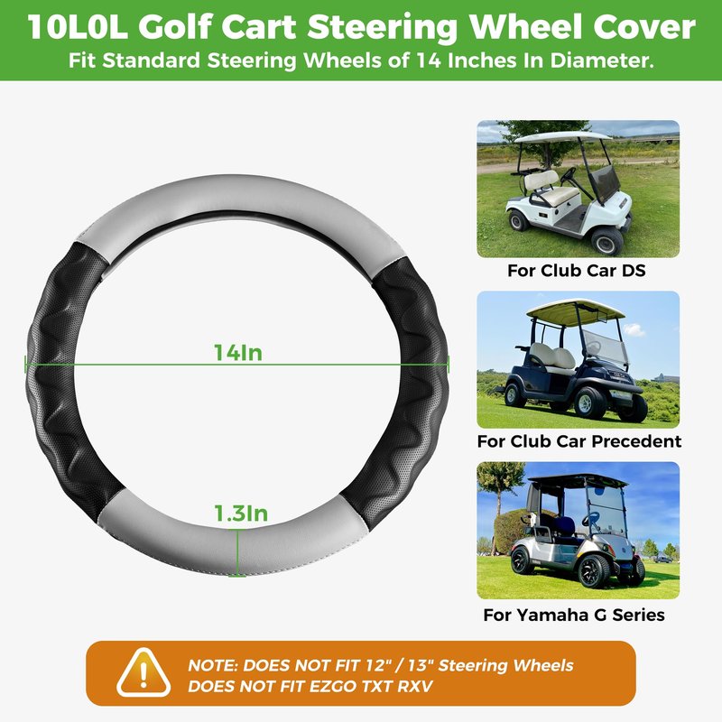 10L0L Golf Cart Steering Wheel Cover 14 inch for Club Car DS Precedent and Yamaha Models, PU Leather Rubber Anti-Slip Grip, Breathable All-Season Protector, Black+Grey