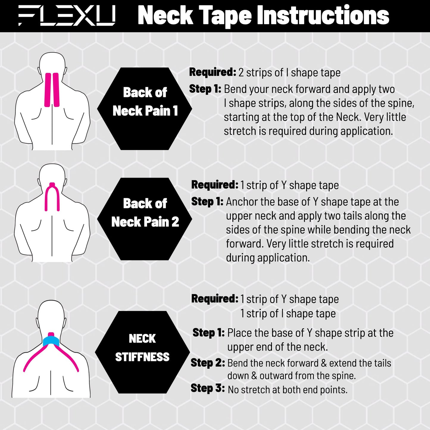 FlexU Black Kinesiology Tape - 3 Roll Pack - 60 Pre-Cut 2"x10" Strips - Hypoallergenic, Long-Lasting Pro-Grade Athletic Tape - Therapeutic Recovery; Best Joint & Muscle Support