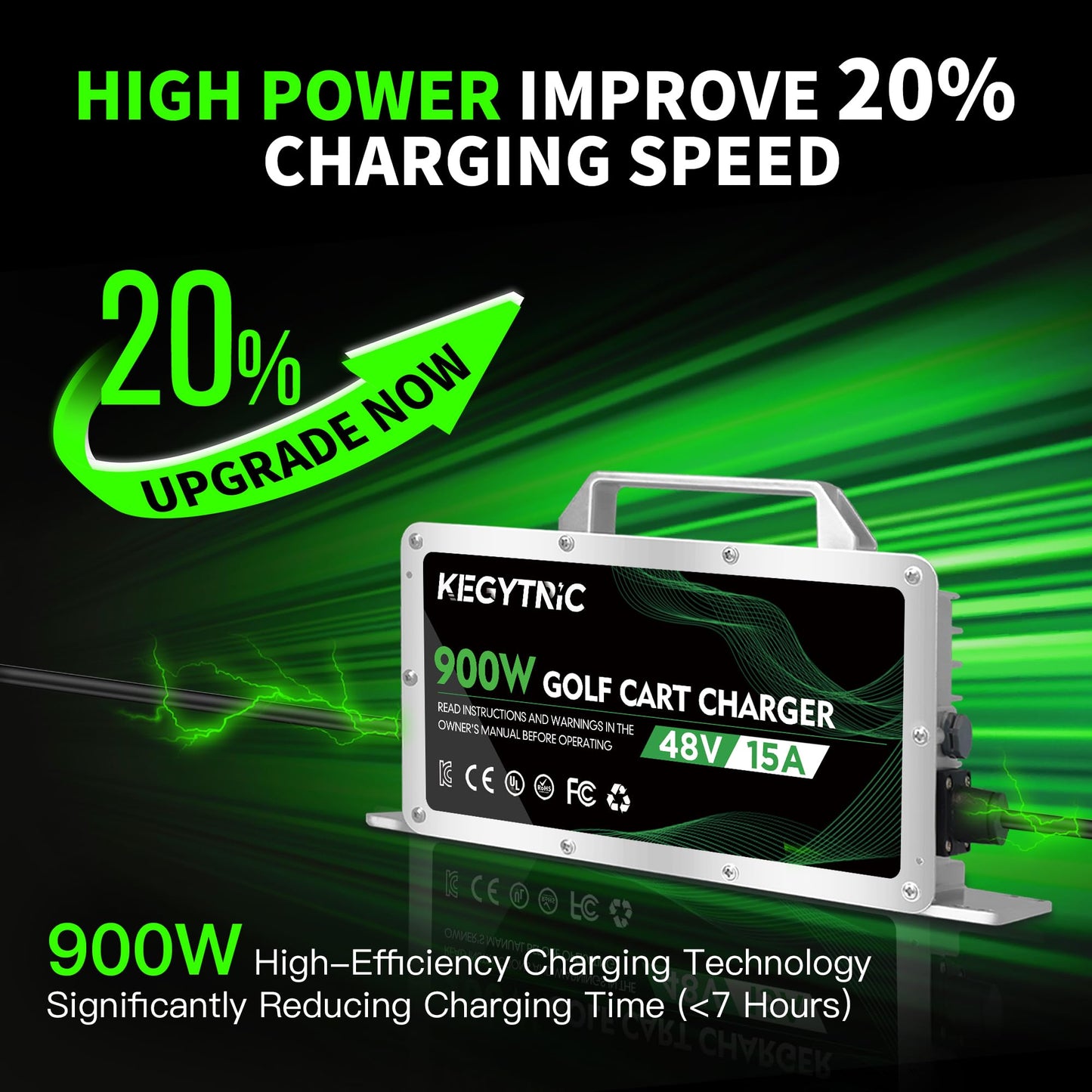 Golf Cart Battery Charger, 15 AMP 48 Volt Golf Cart Charger for EZGO RXV & TXT with 3-Pin Triangular Plug, 900W EZGO Charger, 20% Faster & Safer for Lead Acid Battery, Auto Power-Off & IP67 Waterproof