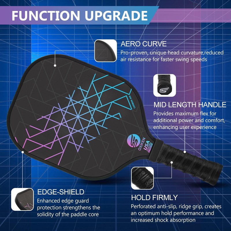 SS OXIKEN Pickleball Paddles Set of 4, USAPA Approved Carbon Fiber Pickle Ball Paddle (CHS), Polypropylene Honeycomb Core, Anti Slip Sweat Absorbing Grip, 4 Replacement Soft Grip, 6 Pickleball, Bag