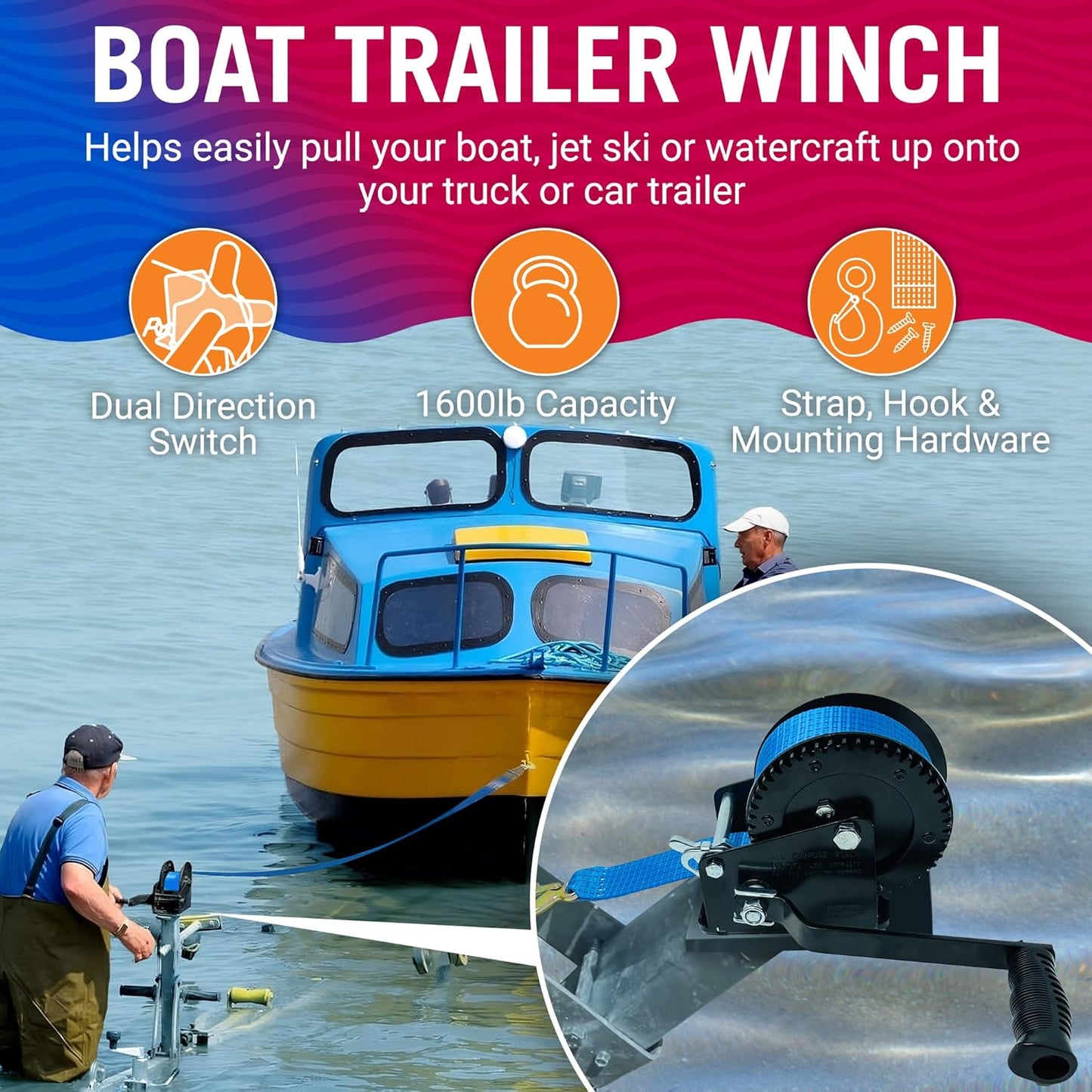 Boat Trailer Winch - Heavy Duty Manual Hand Crank with Strap & Hook | One-Speed Ratchet Gear for Towing Trailers & Boats