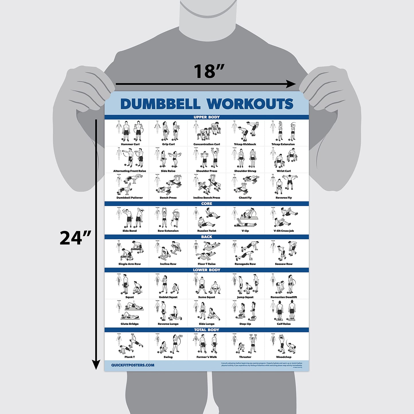 Palace Learning 20 Pack - Exercise Poster Set: Dumbbell, Suspension, Battle Rope, Stretching, Bodyweight, Barbell, Yoga, Exercise Ball - (LAMINATED, 18” x 24”)