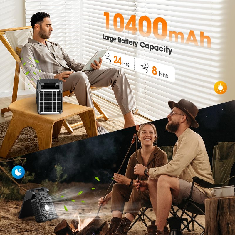 JINLICTE Solar Camping Fan with LED Lantern, 10400mAh 10W Solar Panel fan, Quiet Battery Operated Tent Fan for Picnic, Barbecue, Fishing, Travel