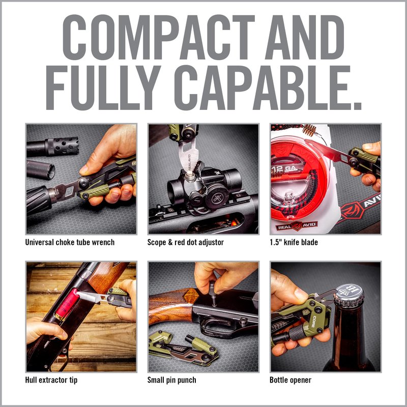 Real Avid CORE Shotgun Multi Tool – Compact Shotgun Tool Kit with Choke Tube Wrench, Scope Adjuster, Pin Punches, Hull Extractor & EDC Utility Tools for Hunting, Trap & Skeet Shooting
