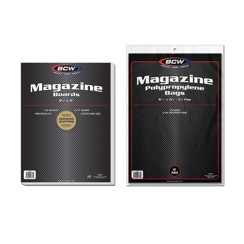 BCW Magazine Bags and Backing Boards Combo - 100 ct | Acid-Free Polypropylene Bags for Current Magazines | 24pt Solid Bleached Sulfate Boards | Archival-Quality Protection for Collectible Magazines