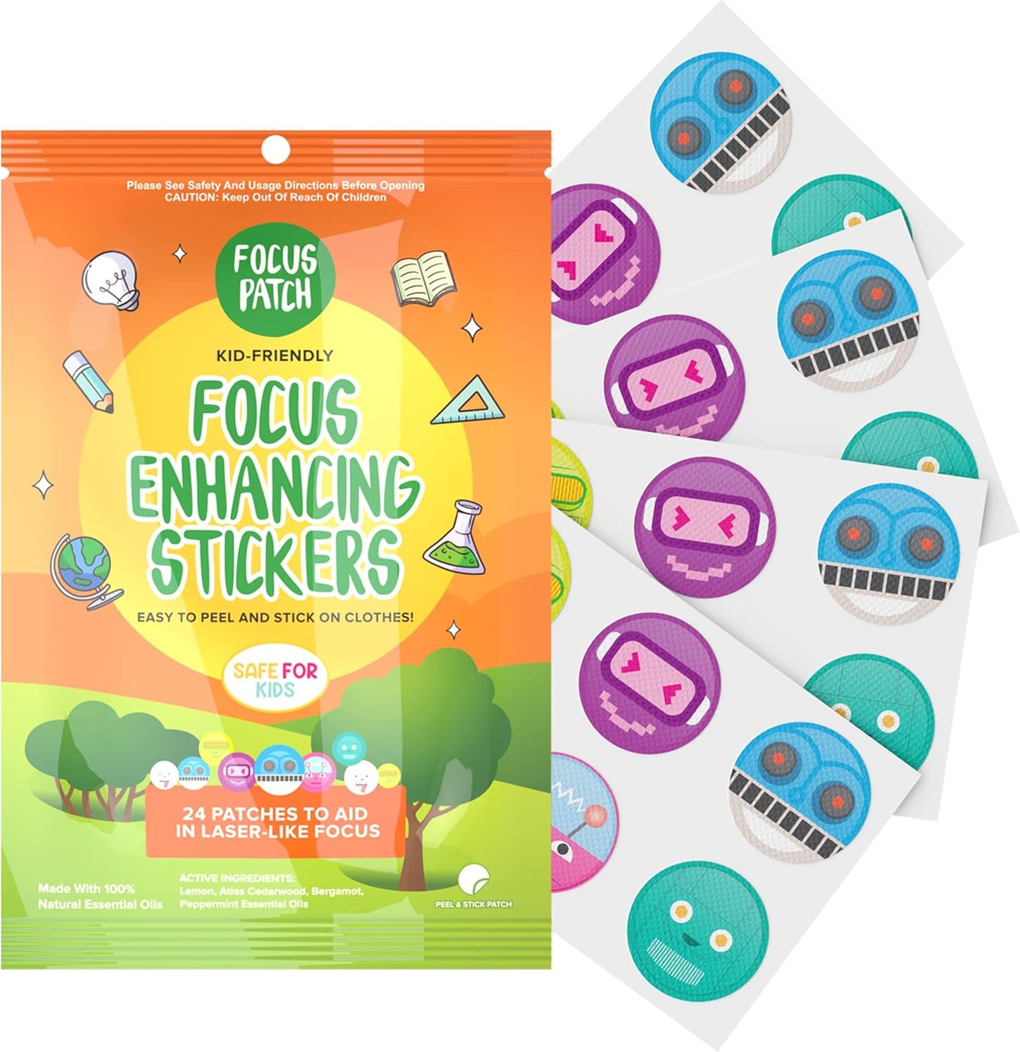 Focus Enhancing Stickers for Kids & Adults - Natural Brain Support Patches | 24 Count