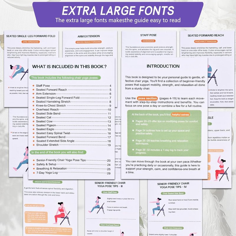 Chair Yoga for Seniors Over 60 - 30-Day Gentle Seated Yoga Guide | Weight Loss & Flexibility Chart (Purple)