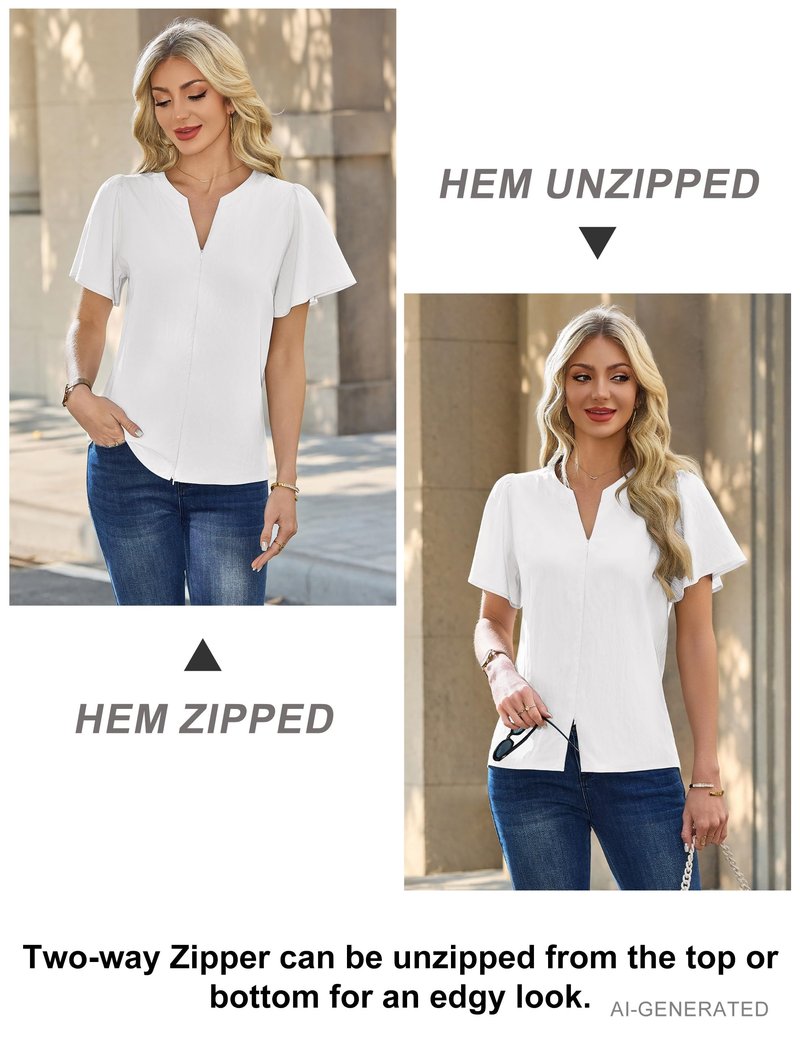 Blooming Jelly Womens Dressy Casual Blouses Business Work Summer Tops Zip Ruffle Short Sleeve Cotton Shirts Trendy Spring Outfits (White,Medium)
