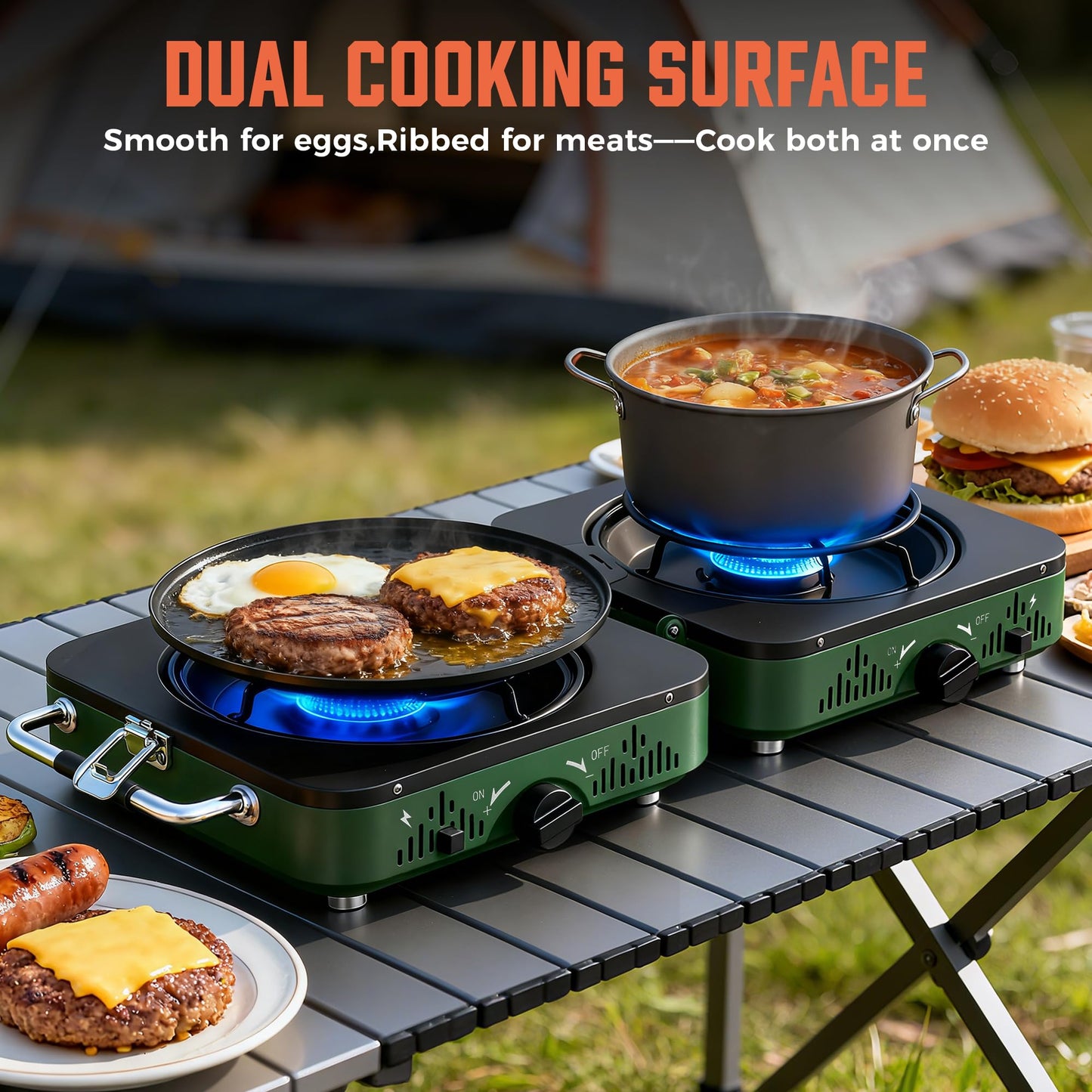 BIG HORN OUTDOORS 2 Burner Propane Camping Stove, Portable Camp Stove, Folding Gas Stove, Includes Frying Pan & Carry Bag for Camping, Emergency Use and Outdoor Cooking
