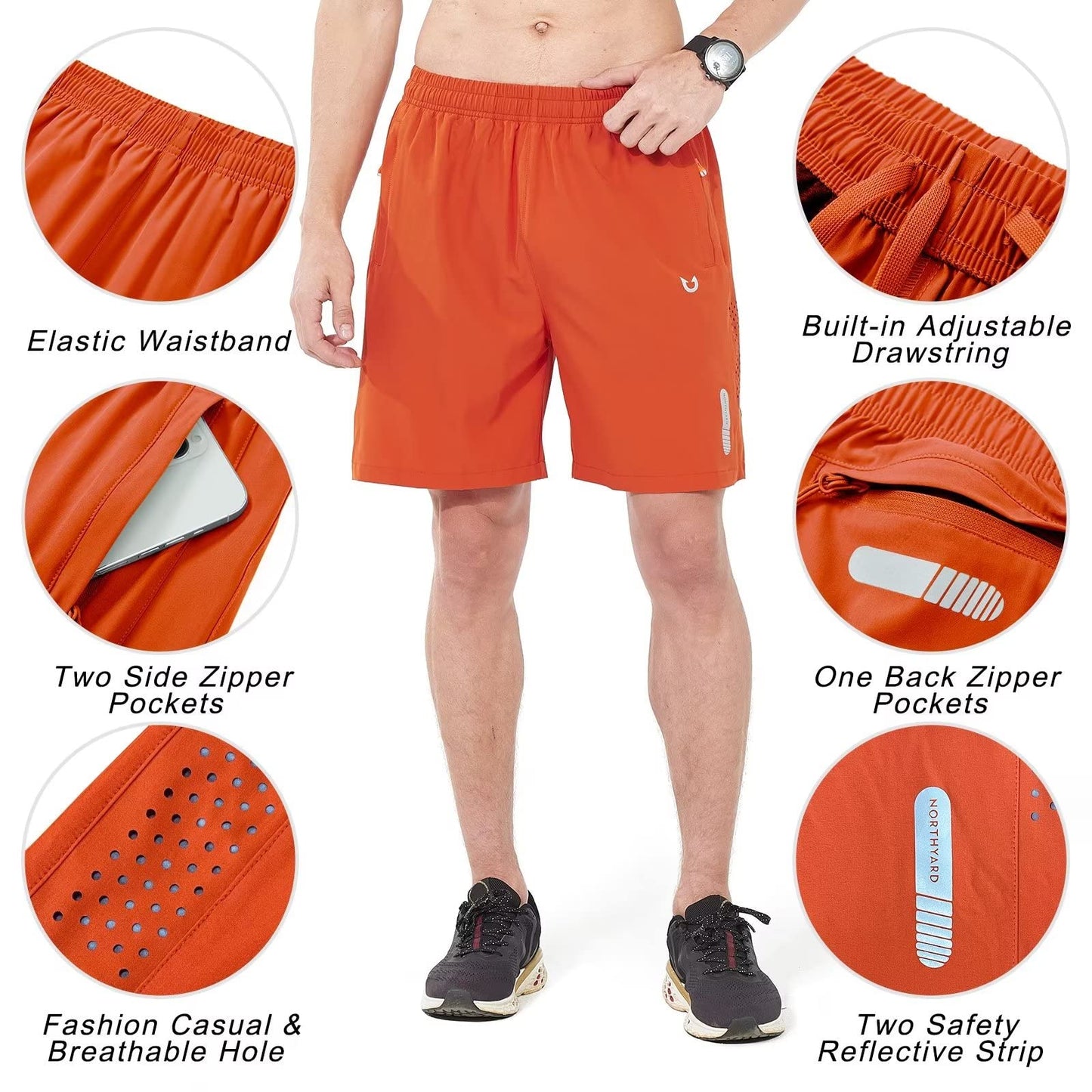 NORTHYARD Men's Athletic Running Shorts Gym Workout 7"/9"/5" Quick Dry Lightweight Sports Basketball Tennis 3 Zipper Pockets Orange S