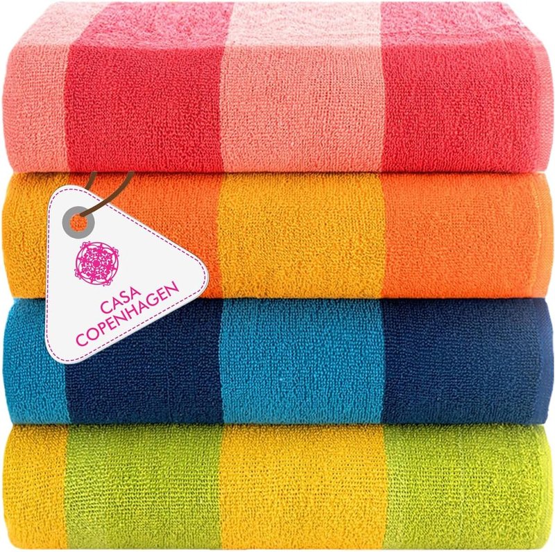 Malibu Beach Towel Set - 4 Oversized 100% Cotton Designer Stripe Towels | Orange, Blue, Pink, Green - Perfect Summer Gift